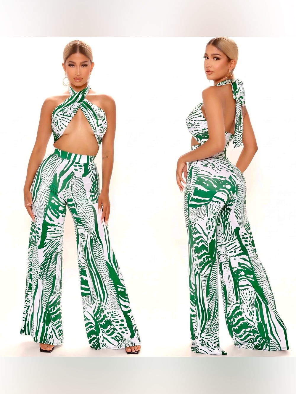 NWT✨SHEIN SXY Green & White Tropical Backless Crop Halter Top & Two-Piece Set